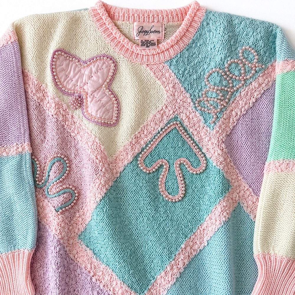Vintage Jaclyn Smith Pastel Colorblock Beaded Sweater 80s Grannycore Large